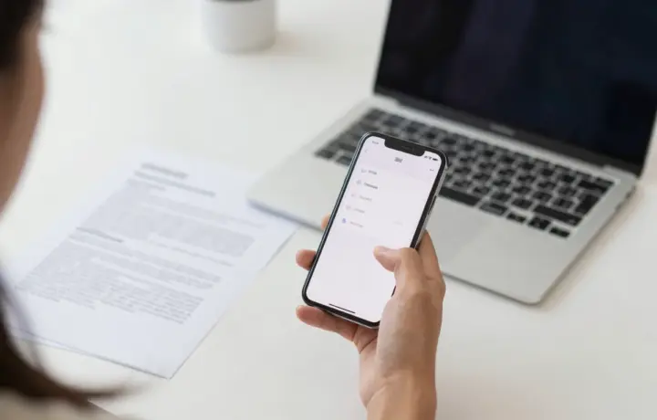 Person checking a fax app privacy policy on a smartphone before subscribing