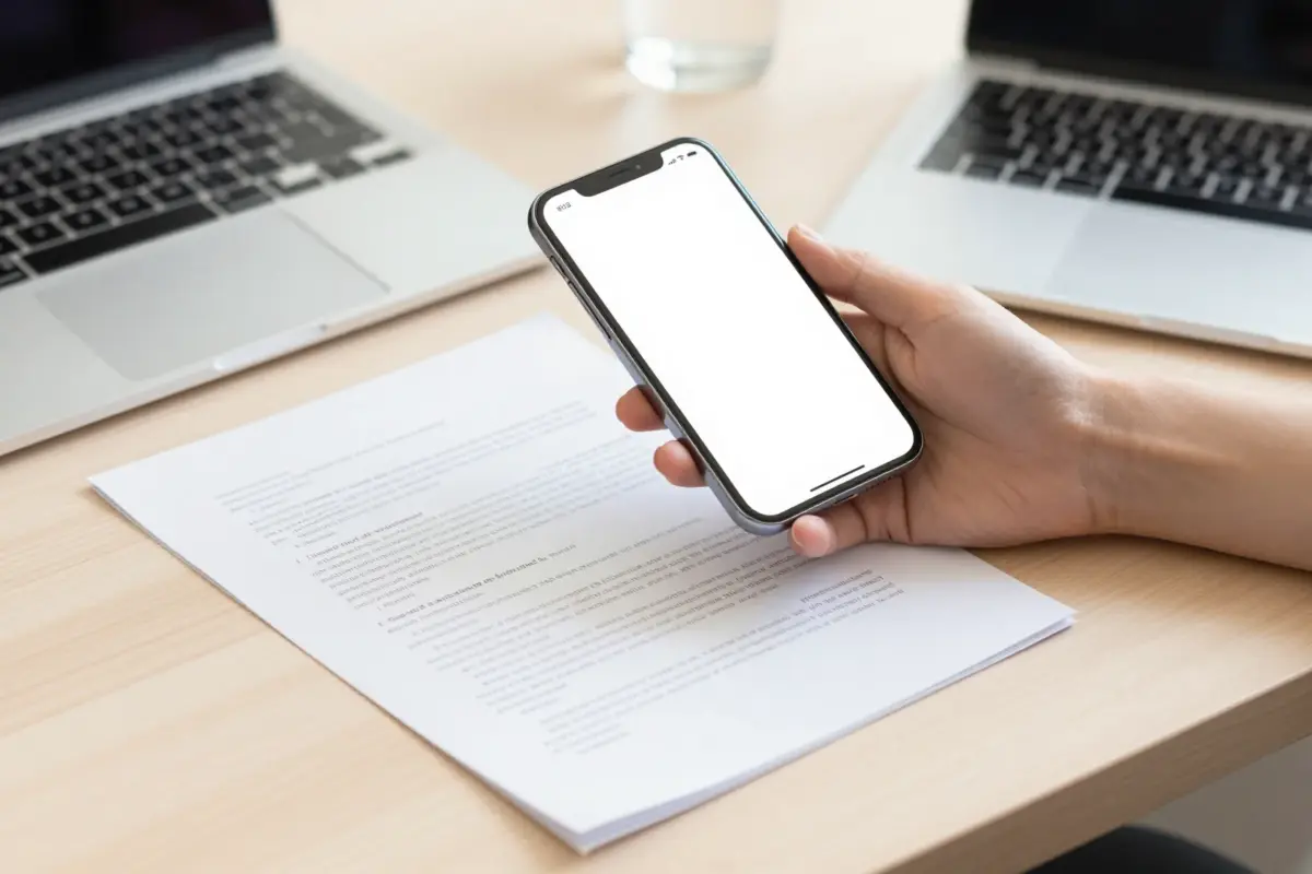Smartphone held above paper documents on a desk, illustrating sending a fax with the best fax apps of 2026