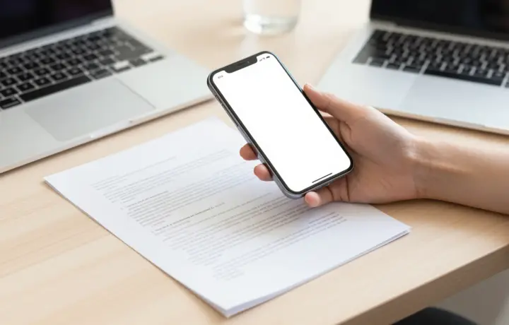 Smartphone held above paper documents on a desk, illustrating sending a fax with the best fax apps of 2026