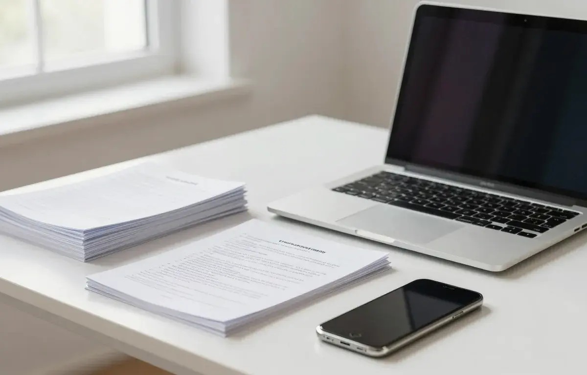 Laptop and smartphone on a bright desk used to send a free online fax