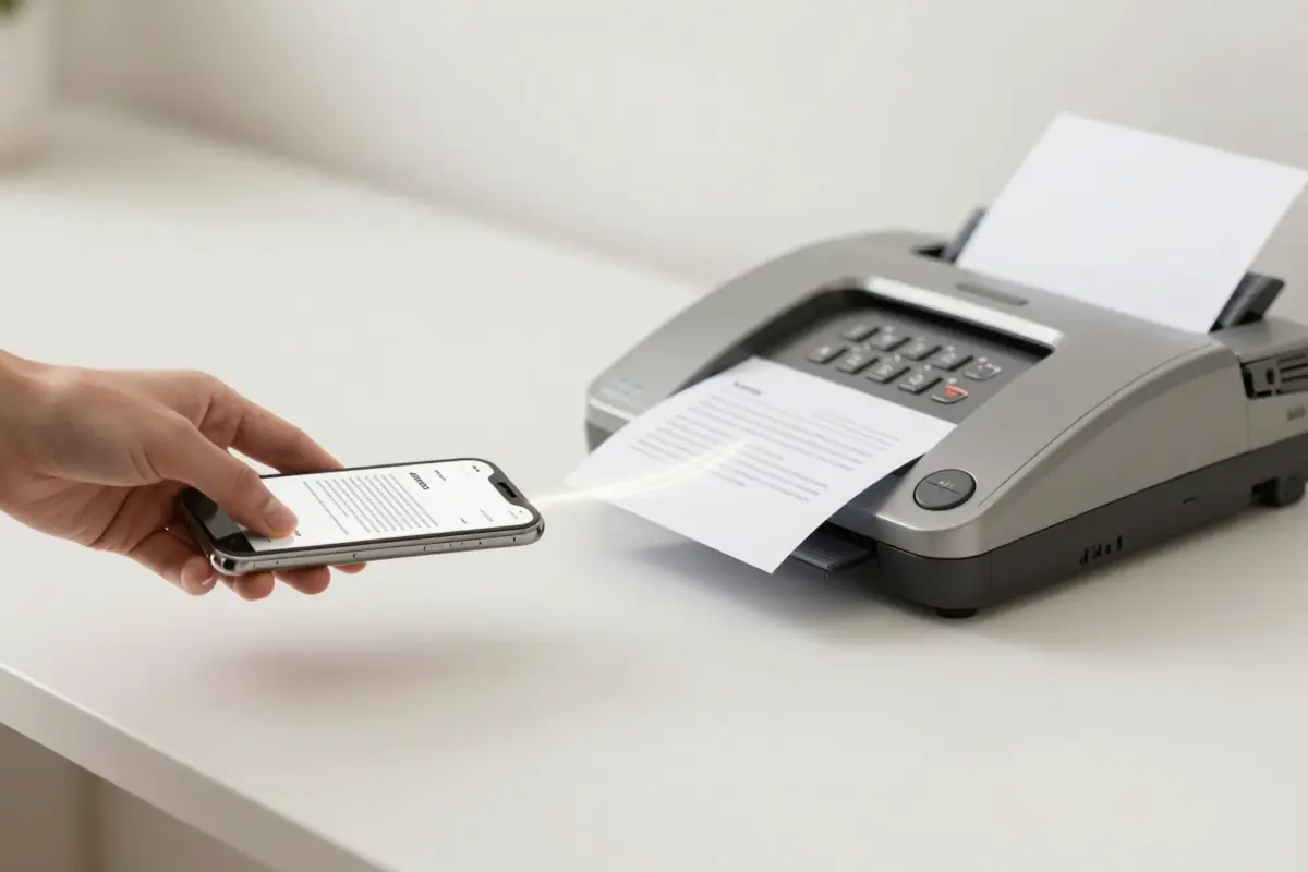 Person sending a fax from a phone app that reaches a real fax machine