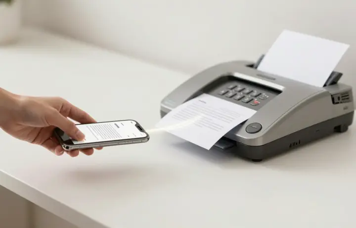 Person sending a fax from a phone app that reaches a real fax machine