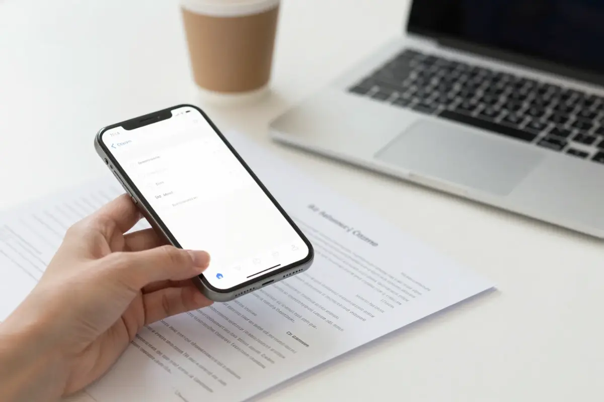Sending a fax from an iPhone using a fax app on a bright desk
