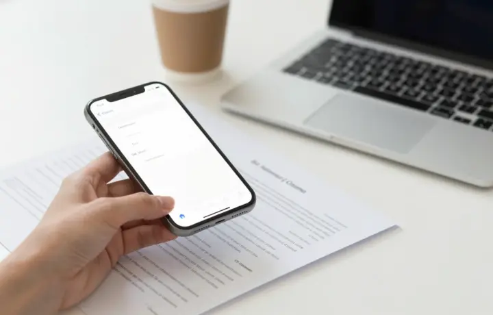 Sending a fax from an iPhone using a fax app on a bright desk