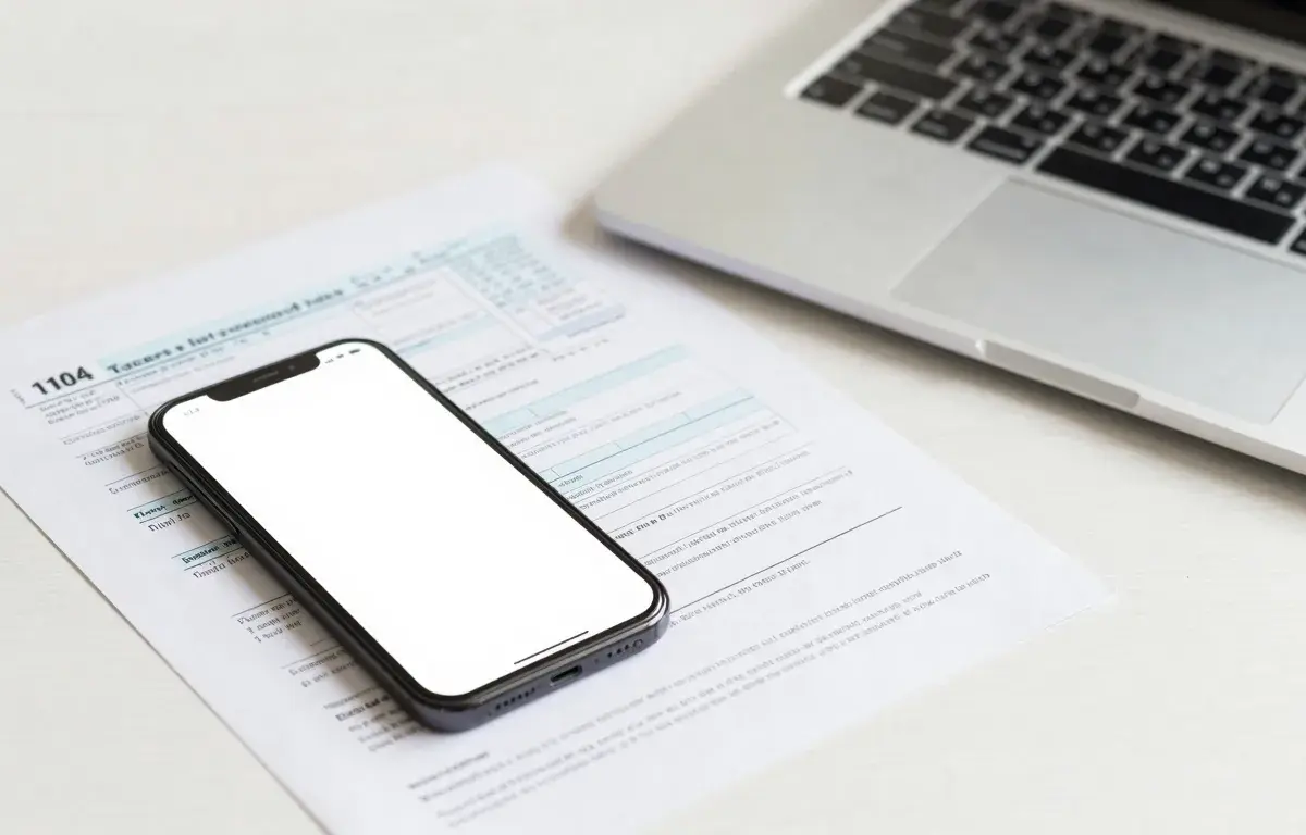 Person sending an IRS tax form as a fax from a phone on a desk