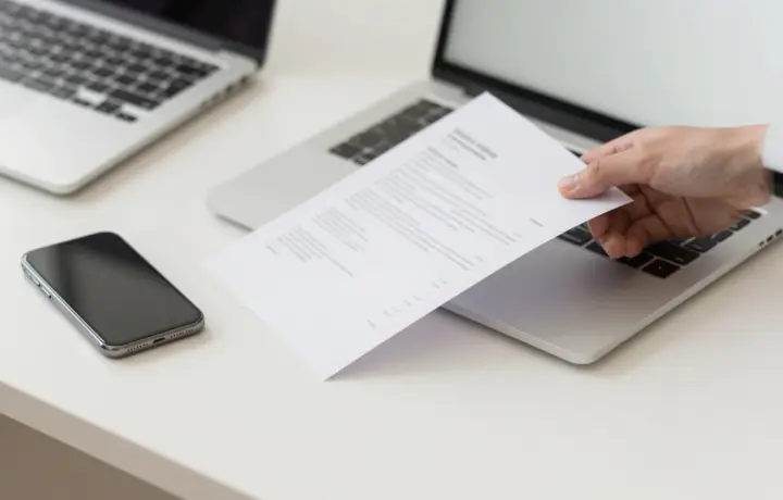 Person sending a free fax from a phone on a bright desk