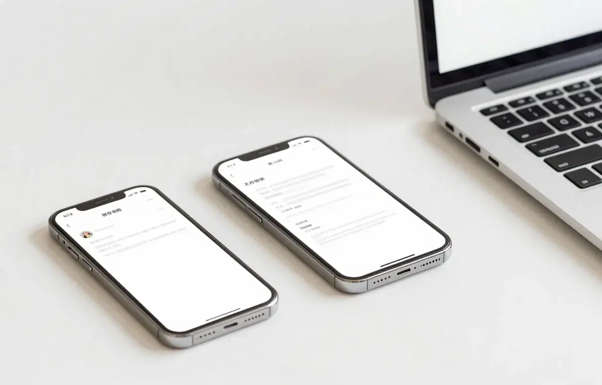 Online fax glossary concept with a phone and laptop sending a document on a bright desk