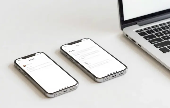 Online fax glossary concept with a phone and laptop sending a document on a bright desk