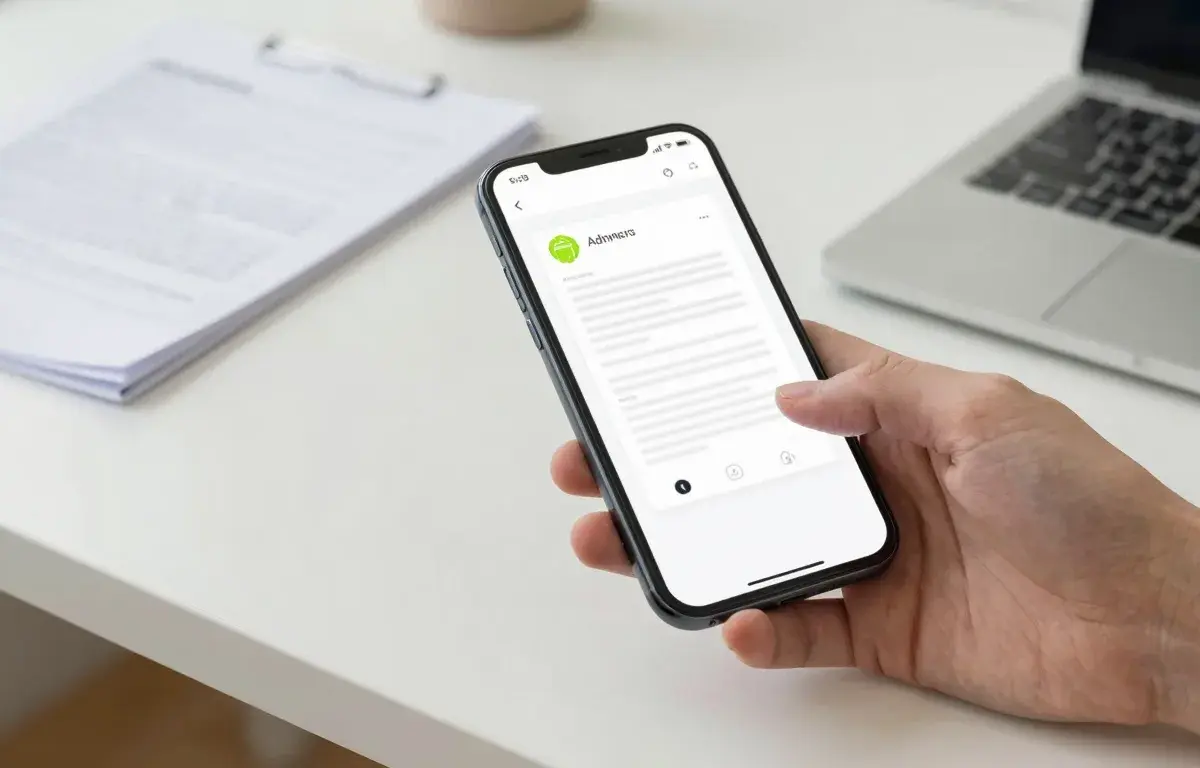 Person sending a fax from an Android phone on a bright modern desk