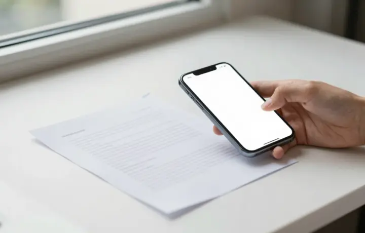 Person troubleshooting a fax not sending from an iPhone on a bright desk