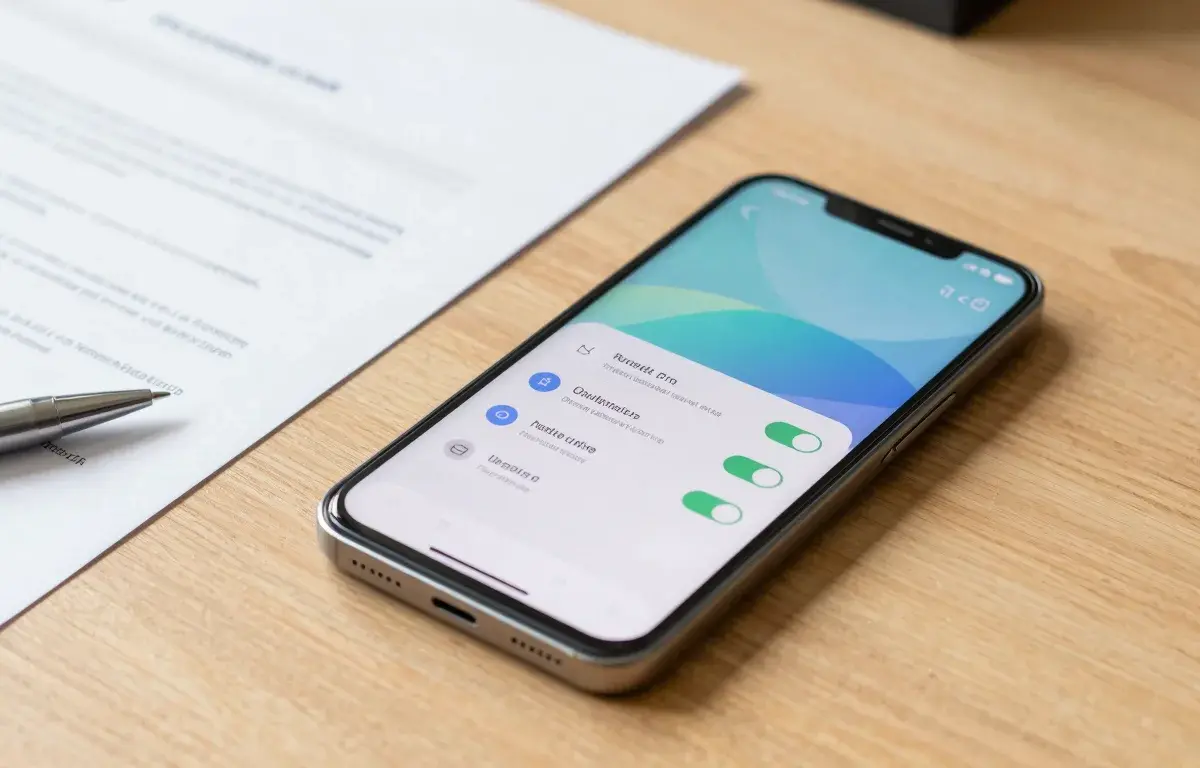 Android phone on a desk showing a subscriptions settings screen next to a printed document, illustrating how to cancel a fax app subscription on Android